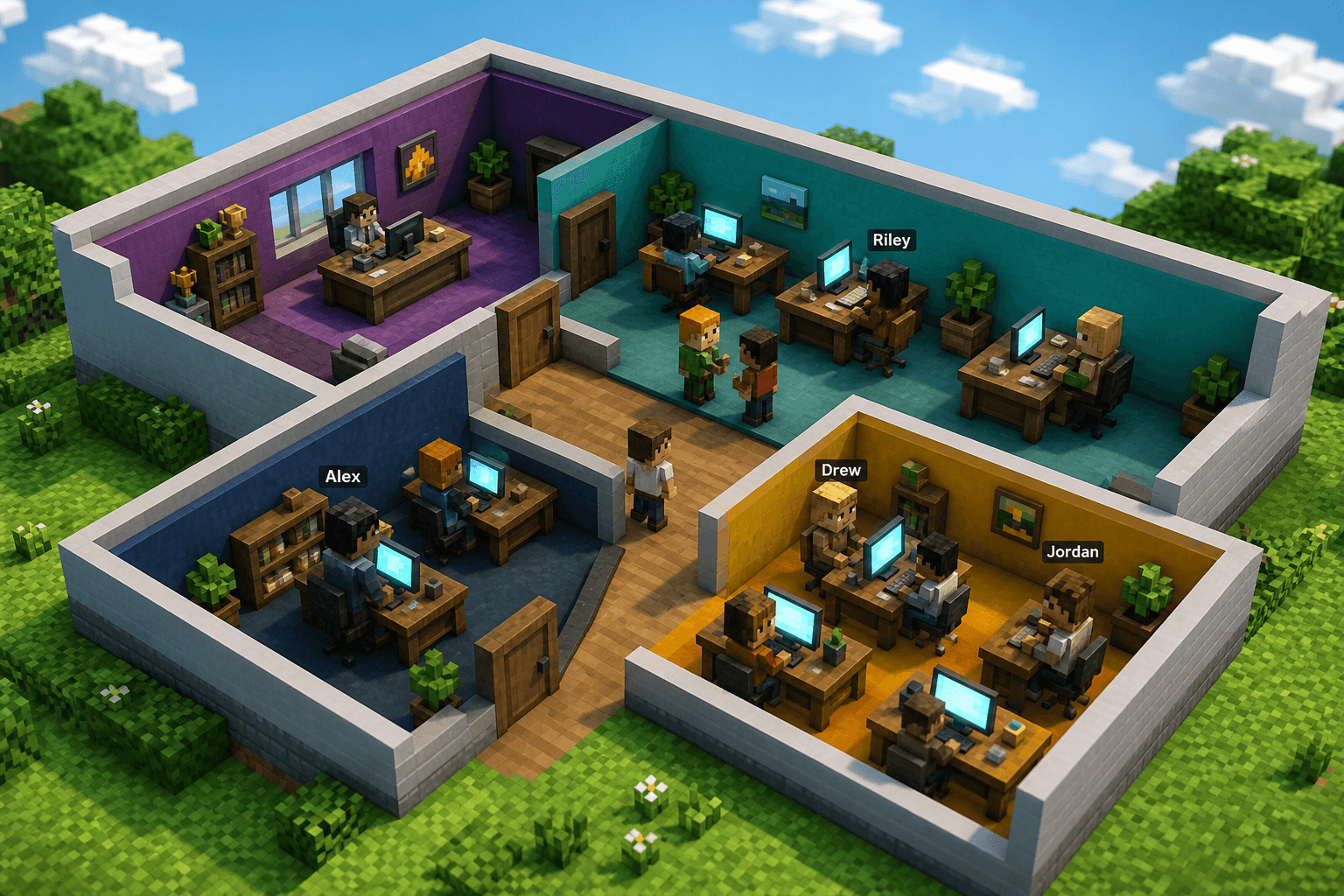 Isometric PixelCrew office floor with agents at their desks